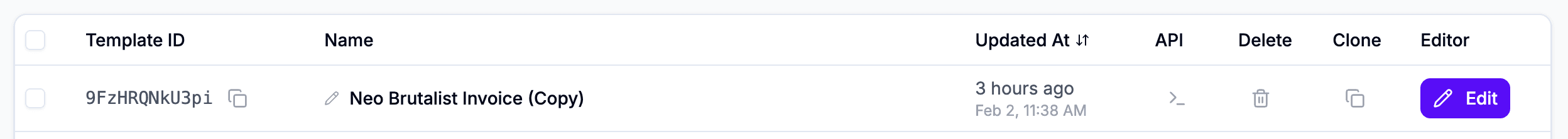 Template dashboard showing Template ID and API button