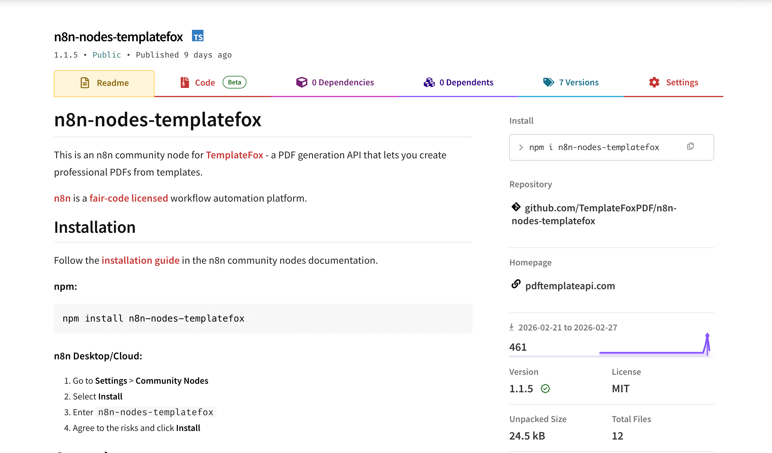 n8n-nodes-templatefox community node package on npm