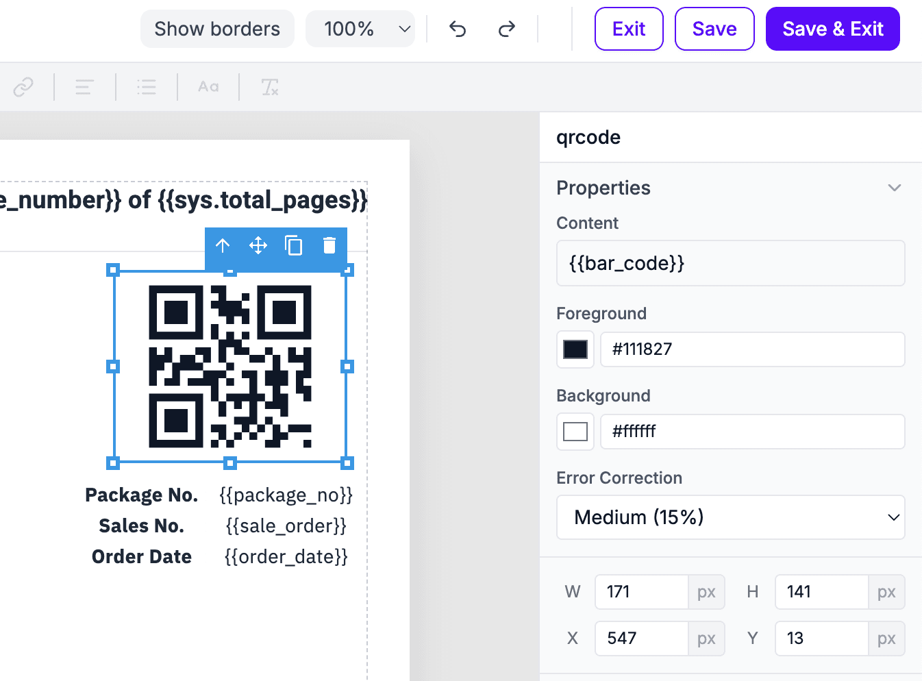 QR Code element with a dynamic variable in the Content field