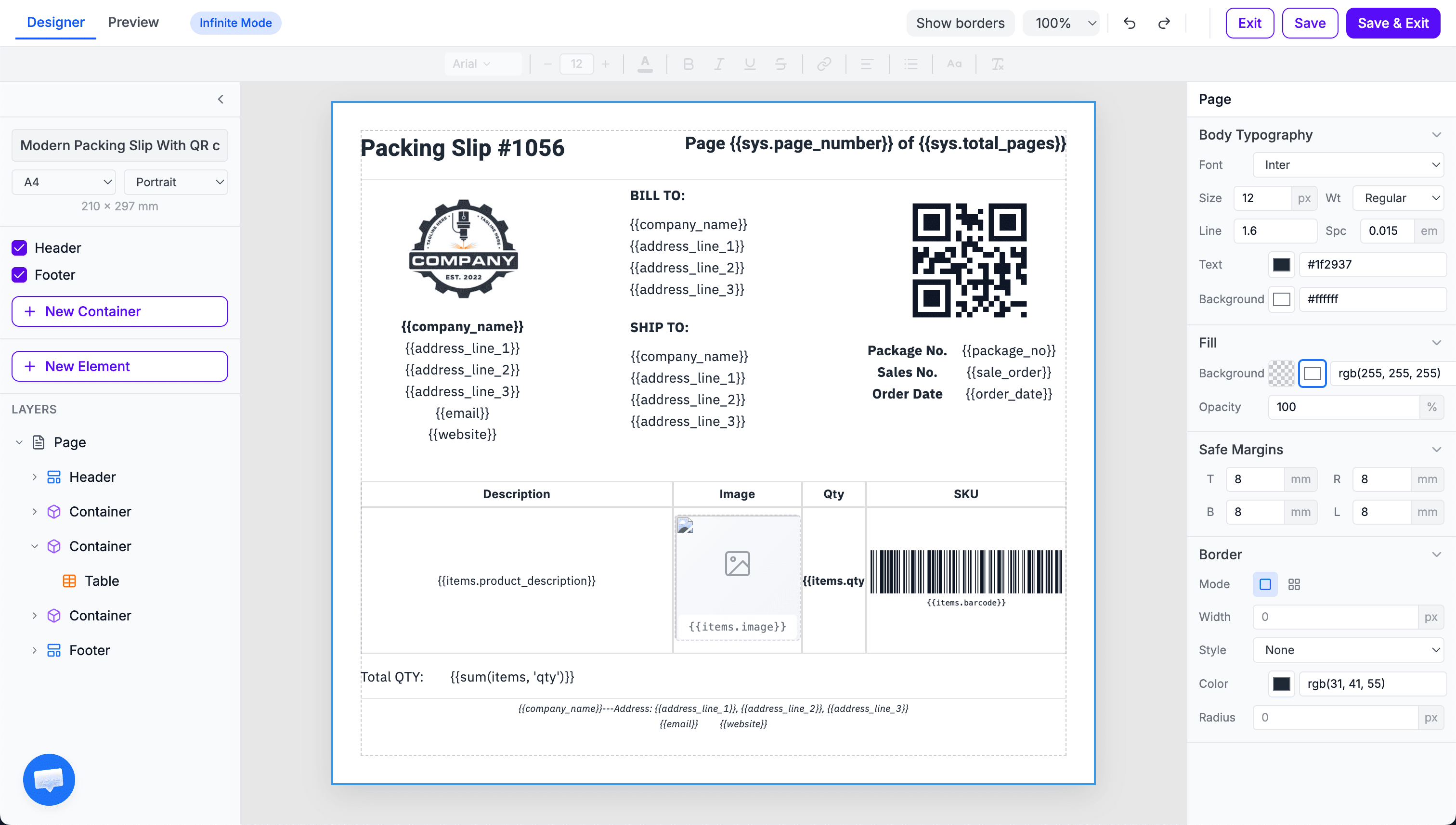 TemplateFox Editor - showing the left panel, canvas, and right panel