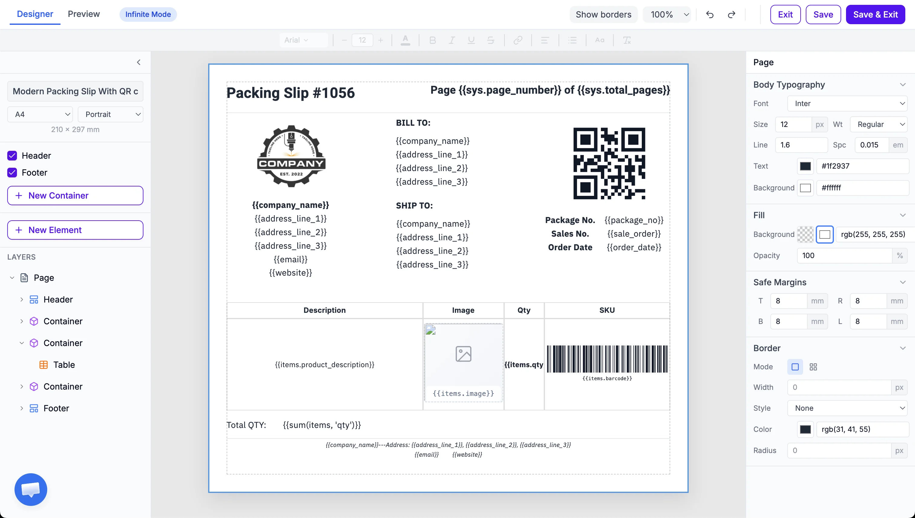 TemplateFox Editor - showing the left panel, canvas, and right panel