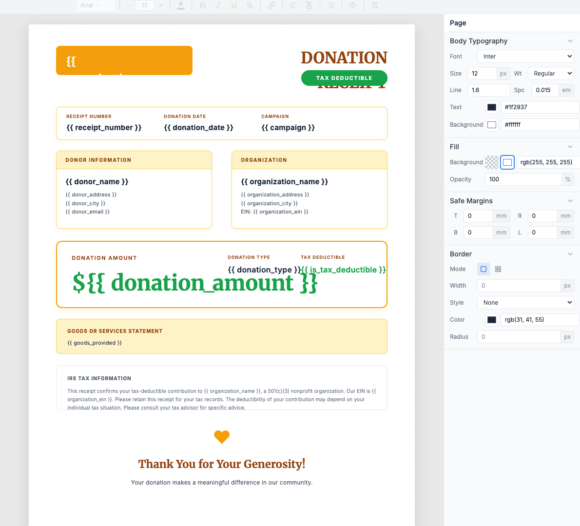 Donation receipt template in the visual editor showing nonprofit fields like donor info, organization EIN, and tax-deductible statement