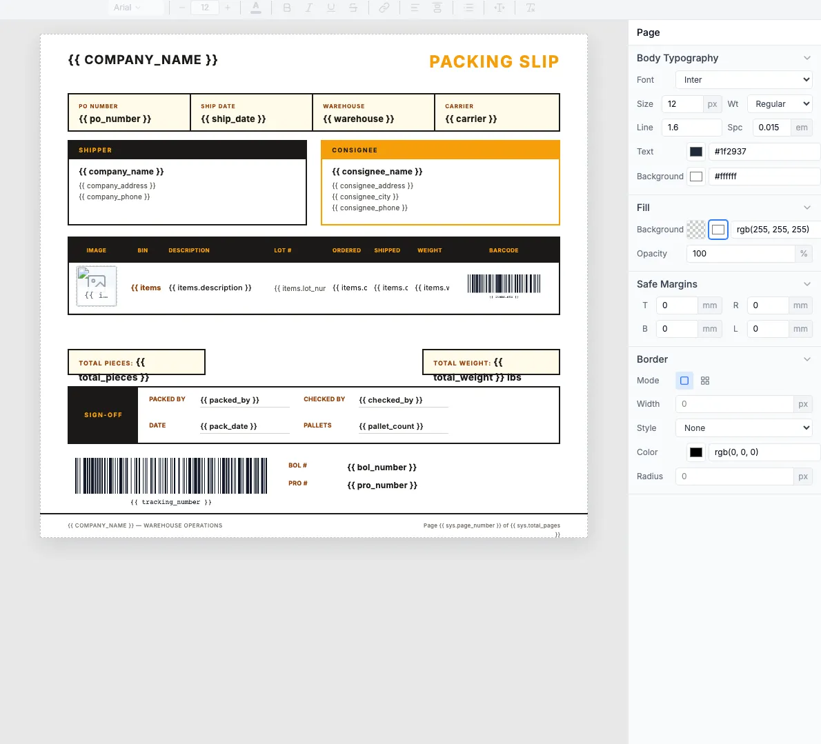 Warehouse Wholesale B2B packing slip template in the visual editor