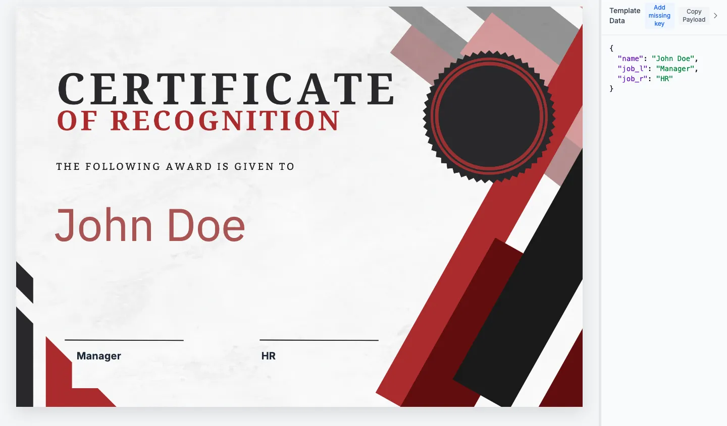Certificate preview with sample data filled in