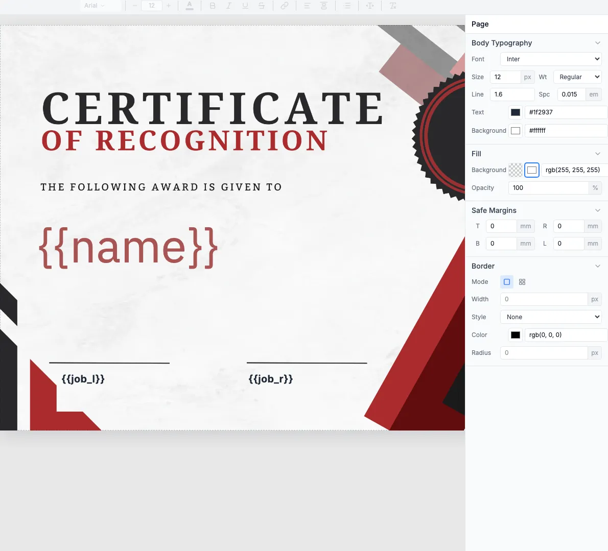 Certificate of Recognition template in TemplateFox visual editor