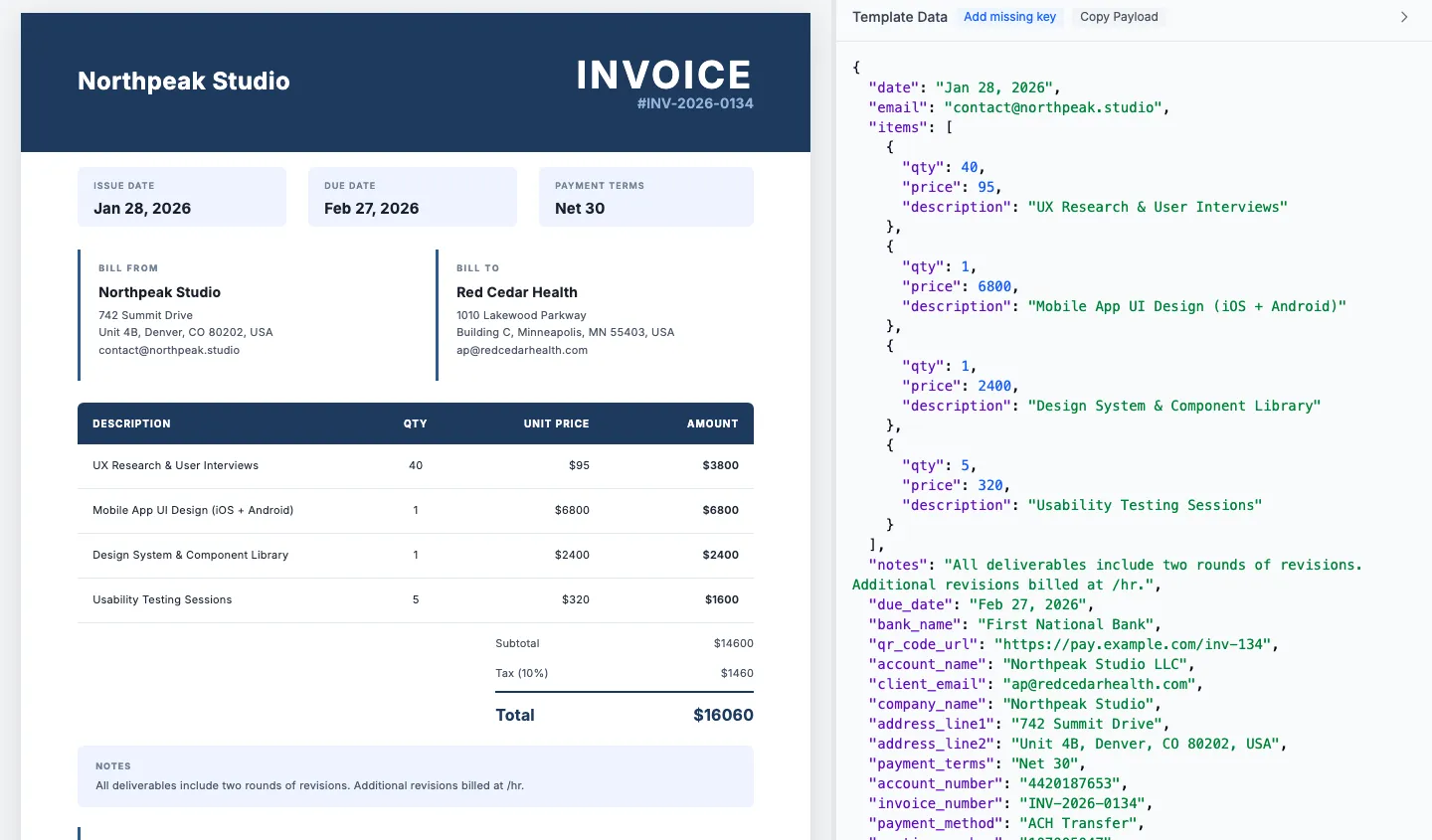 Invoice preview with sample data