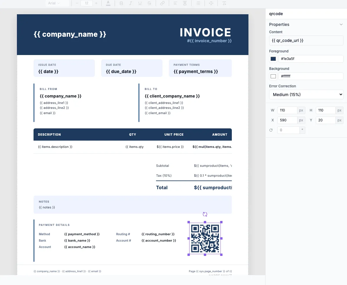 QR code selected showing properties panel