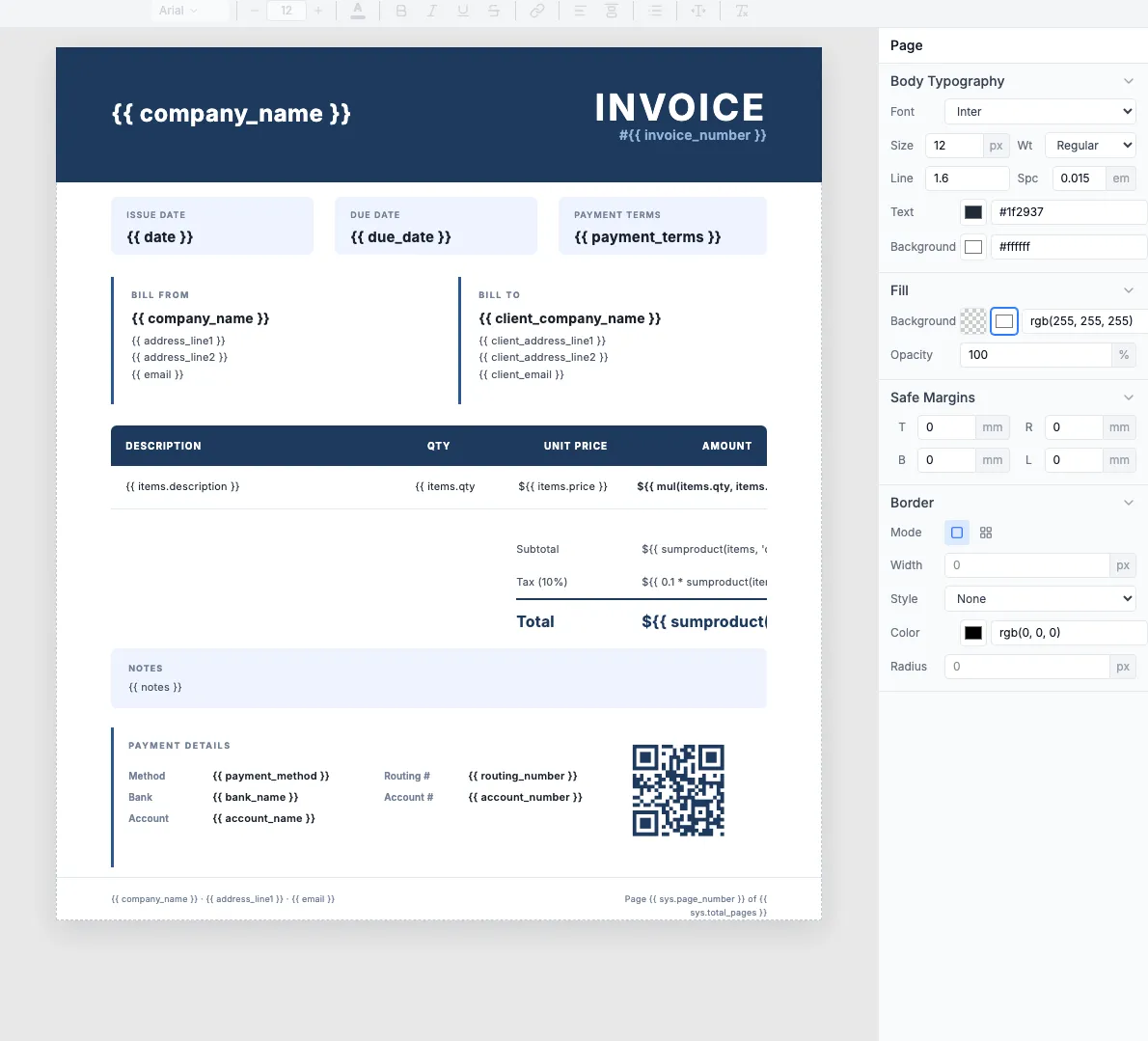 Professional Corporate Invoice template in the visual editor