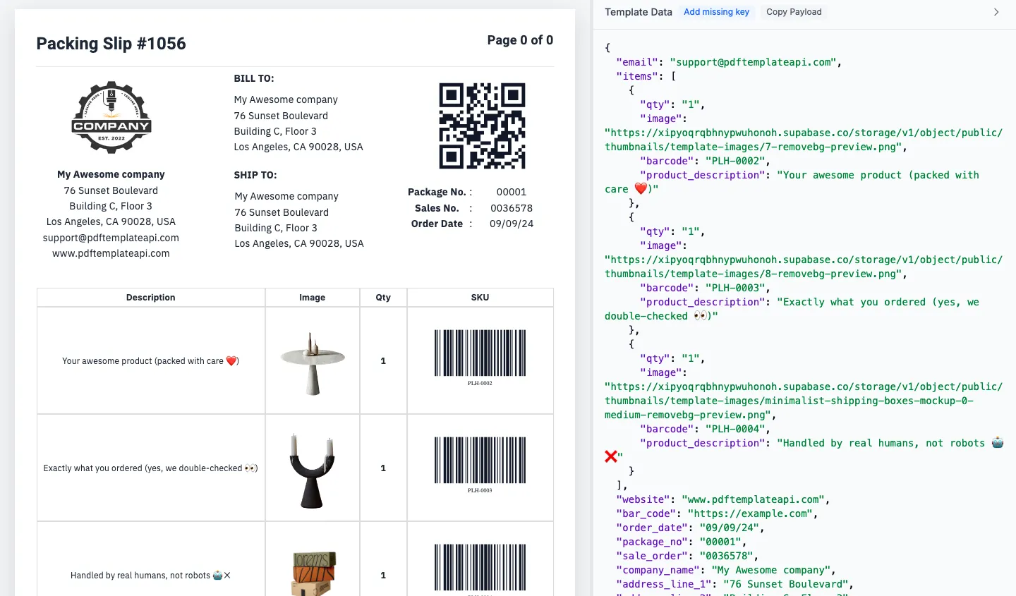 Generated packing slip with order details and barcode