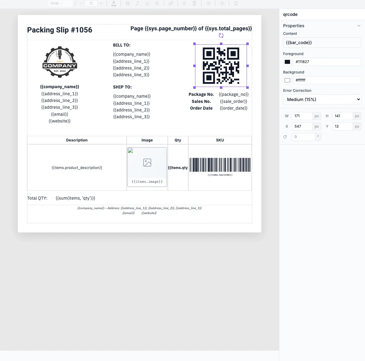 QR code component properties showing bar_code variable