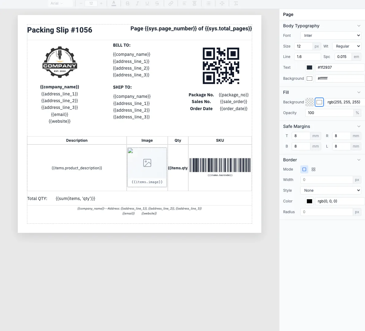 Packing slip template in the TemplateFox visual editor