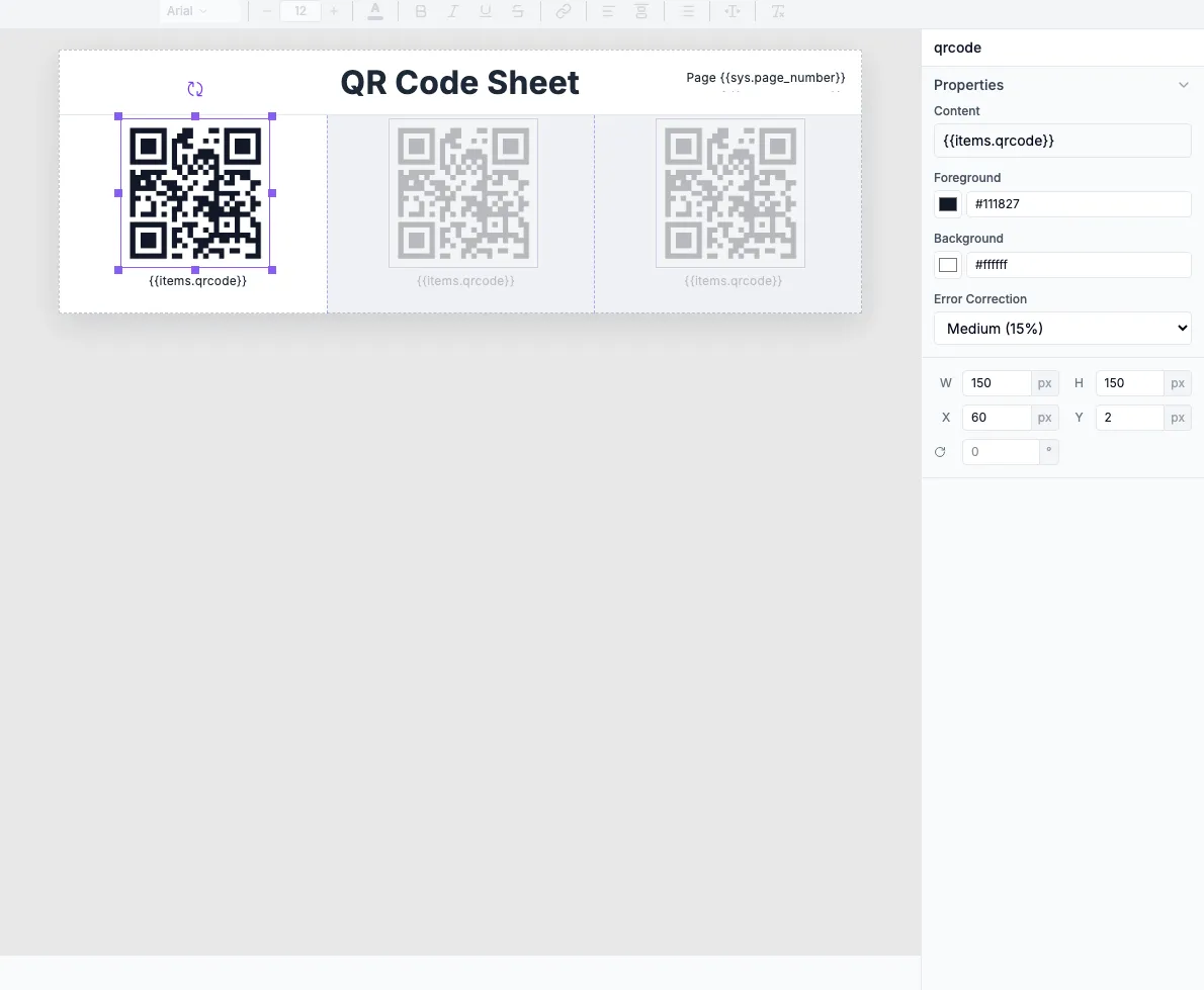 QR code selected showing properties panel