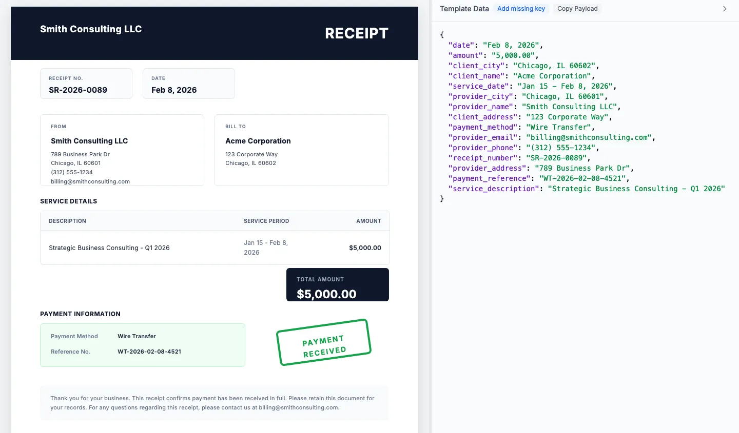 Generated receipt PDF preview
