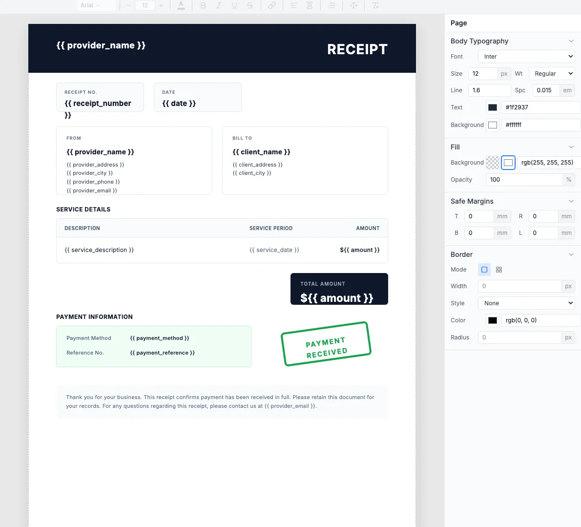 Service Receipt template in the TemplateFox editor