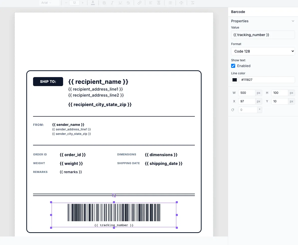 Barcode component properties showing tracking number variable