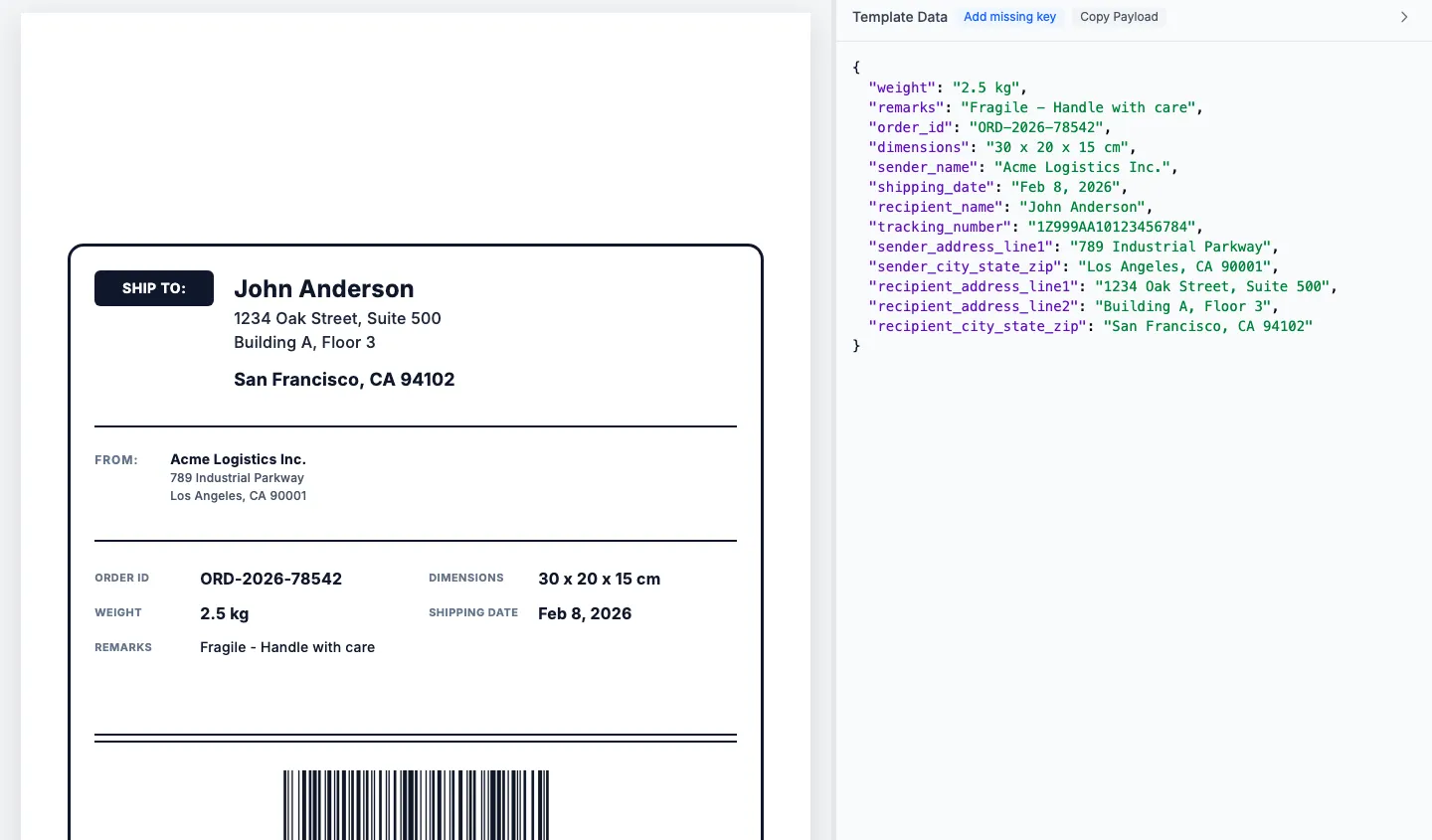 Generated shipping label preview with tracking barcode