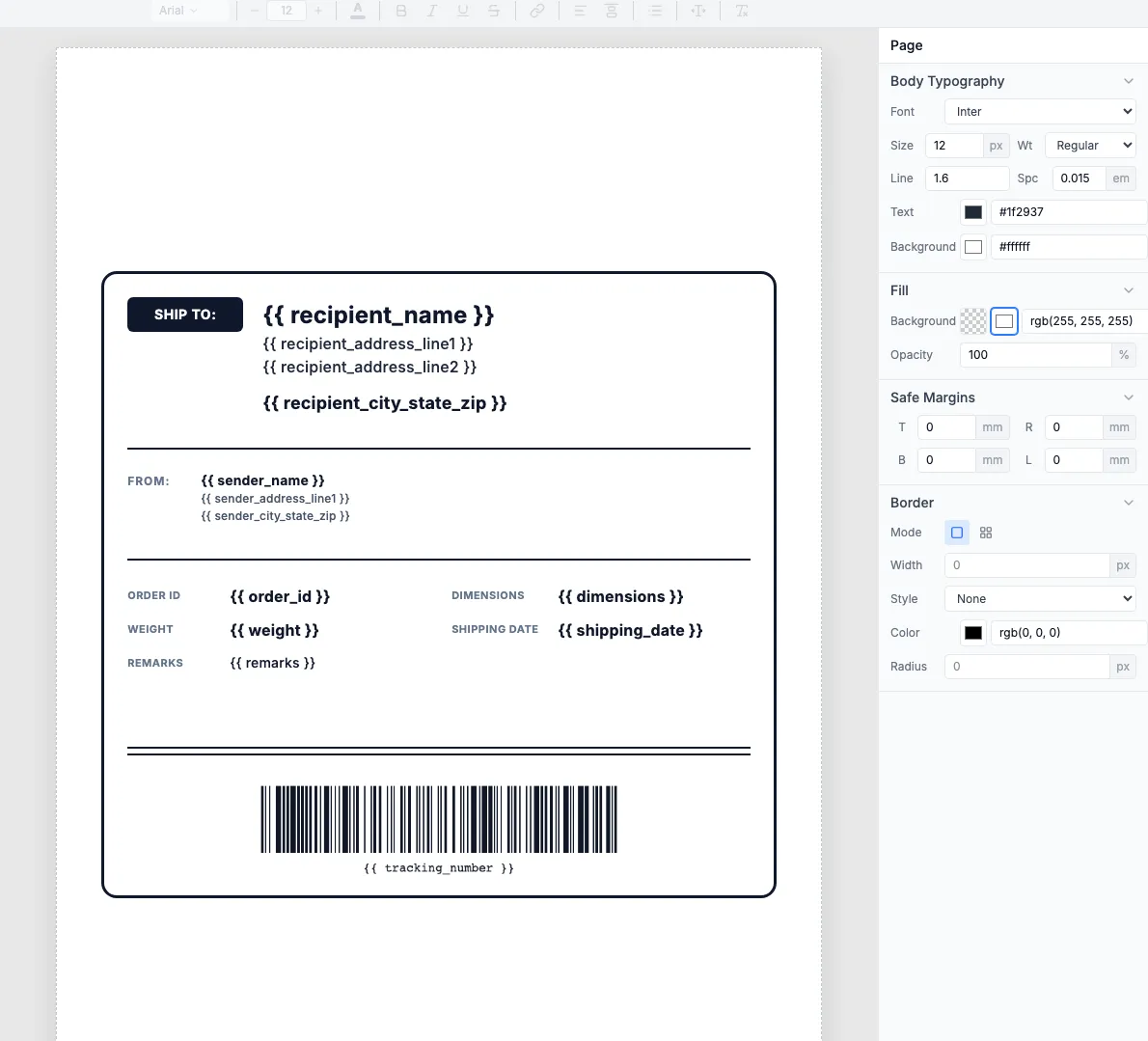 Shipping label template in the TemplateFox visual editor