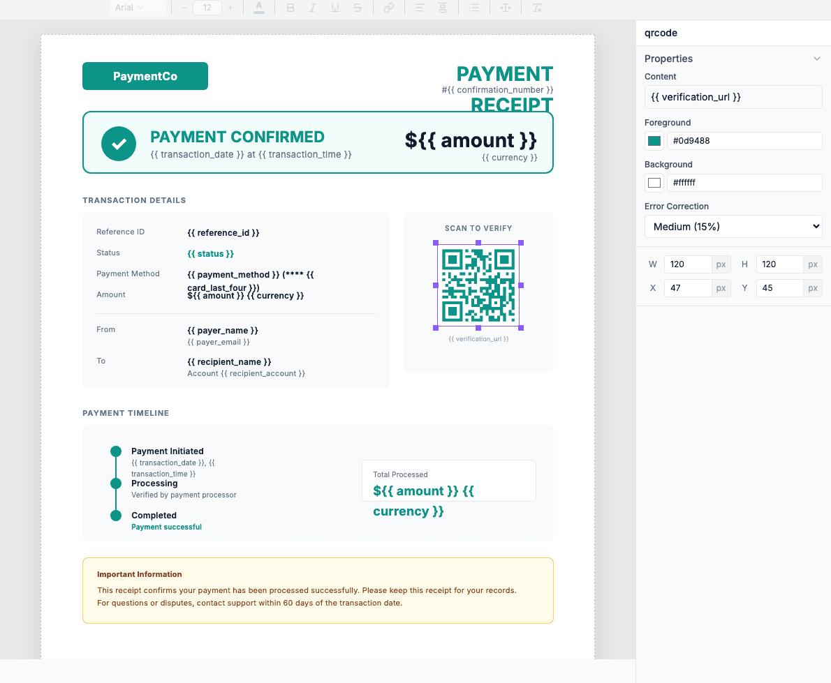 QR code selected in template editor showing properties panel