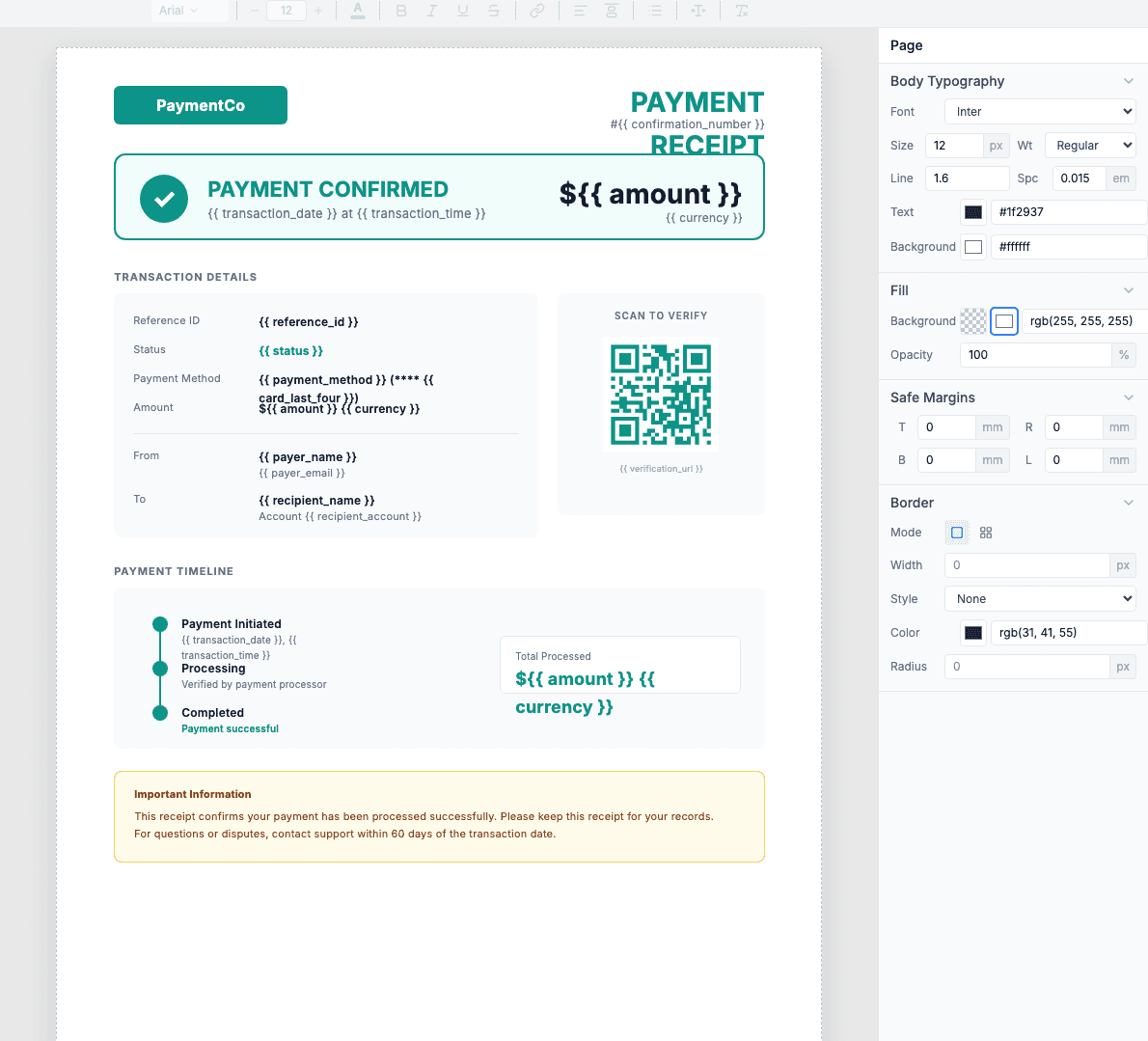 Receipt template in the visual editor showing QR code and payment confirmation