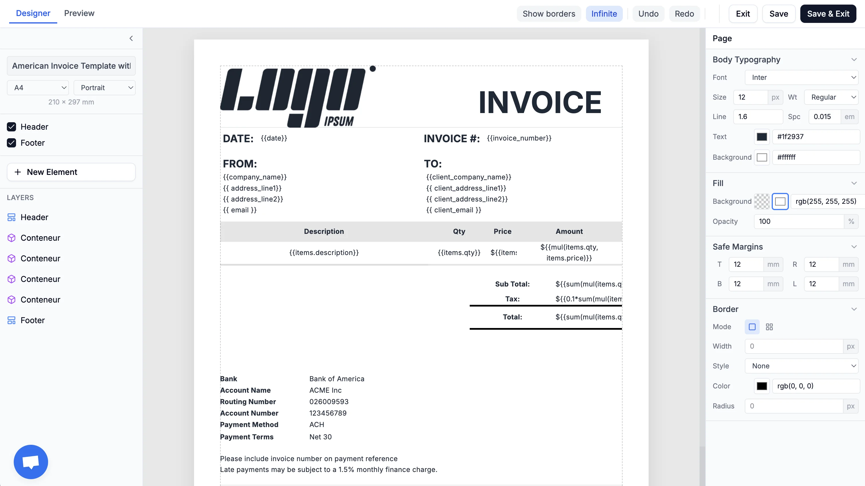 TemplateFox Editor - showing the left panel, canvas, and right panel