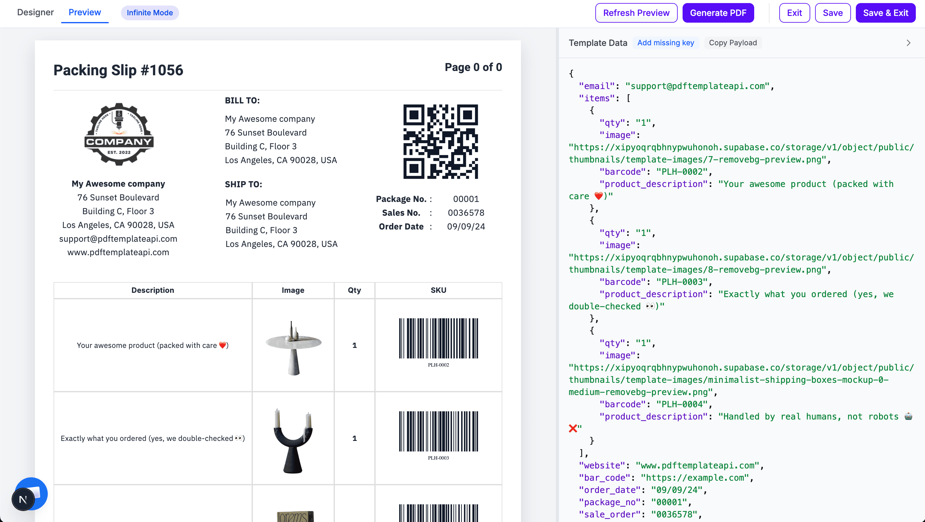 TemplateFox Preview tab - showing the rendered PDF and template data panel