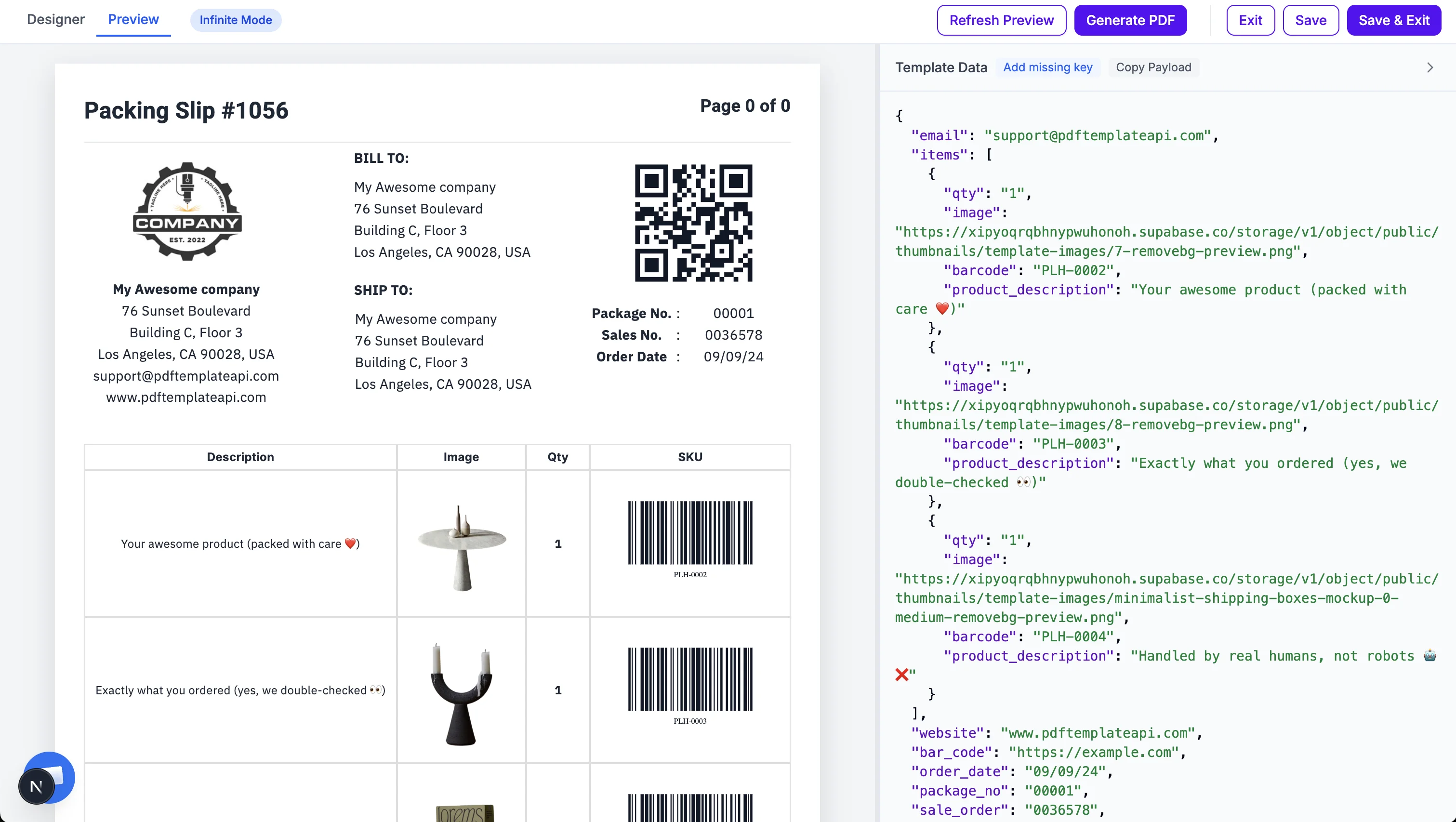 TemplateFox Preview tab - showing the rendered PDF and template data panel