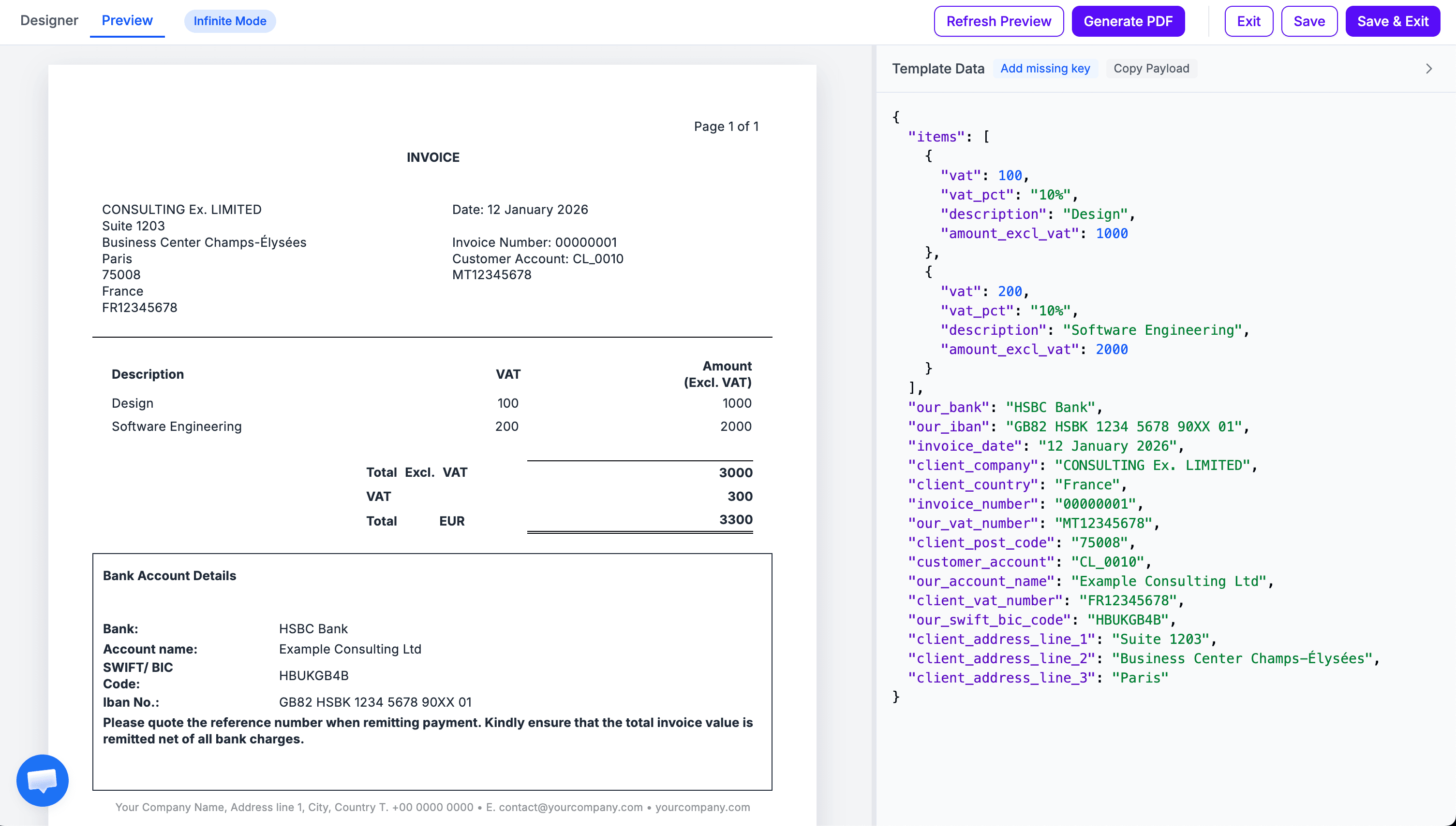 TemplateFox Preview mode - showing the rendered PDF and template data panel