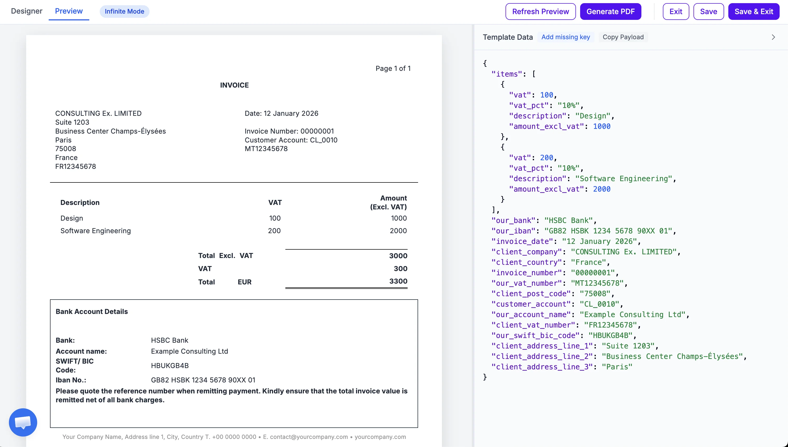 TemplateFox Preview mode - showing the rendered PDF and template data panel