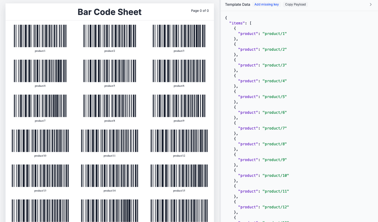 Barcode sheet preview showing a rendered grid of barcodes with the JSON data panel on the right
