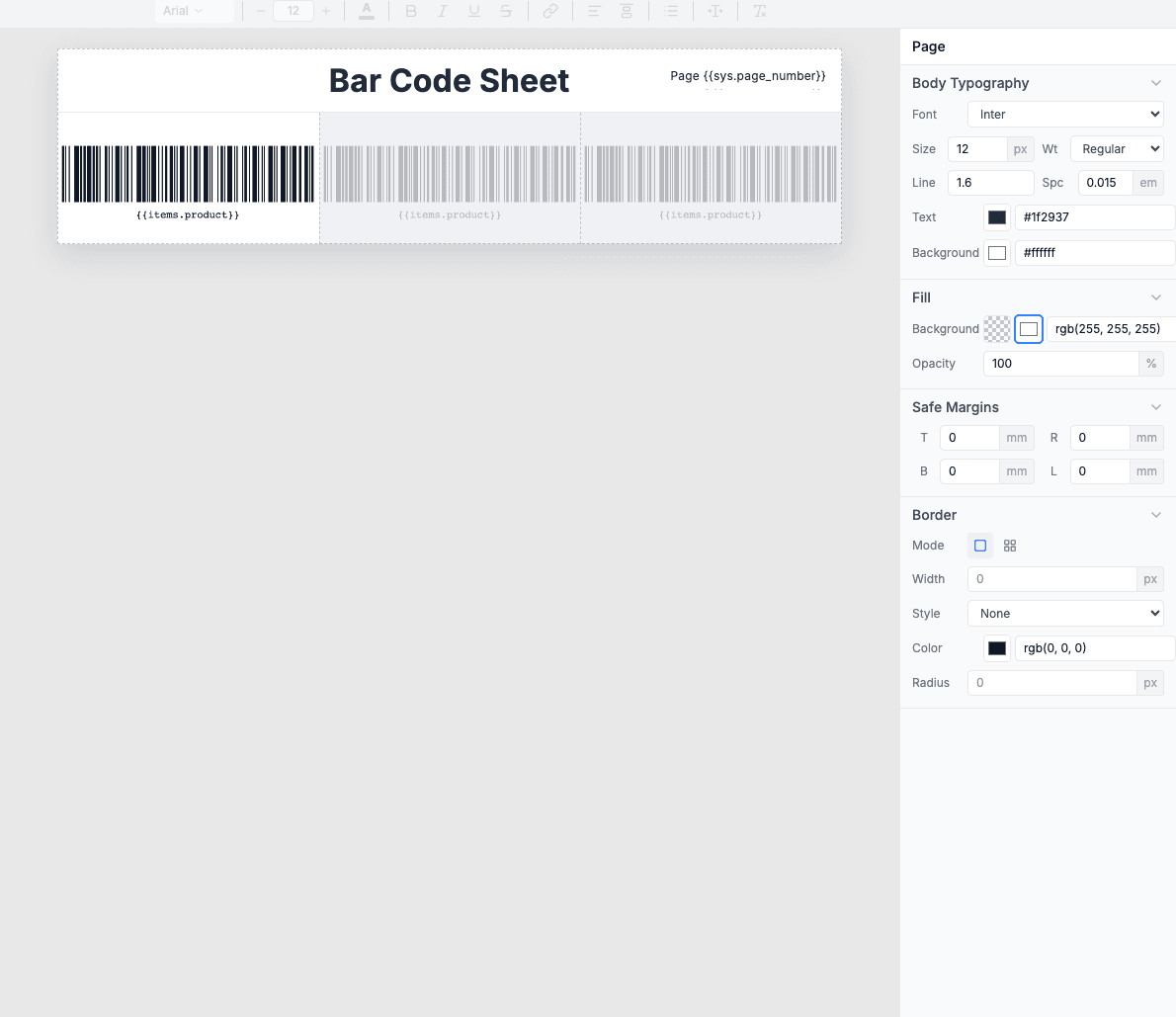 Barcode sheet template in the visual editor showing a grid of barcodes with dynamic fields