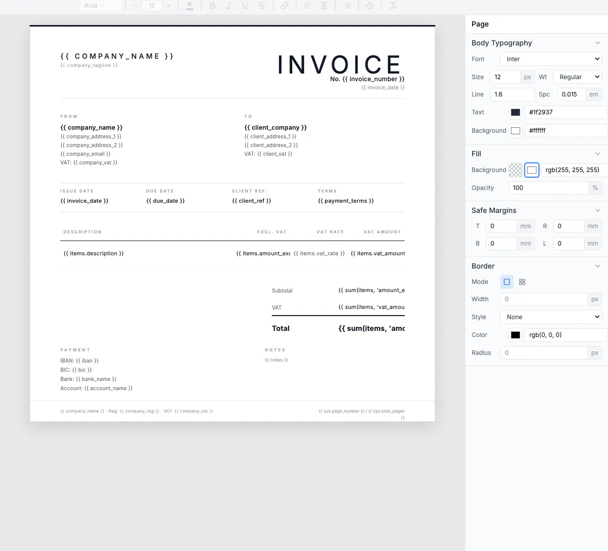 Freelancer Consultant invoice template in the visual editor showing dynamic fields