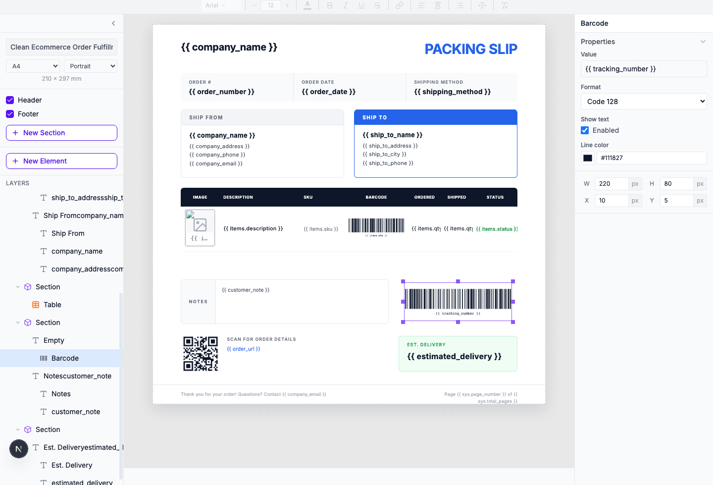 Template editor showing barcode properties panel - click any barcode to change its Value, Format (Code 128), and Show text options