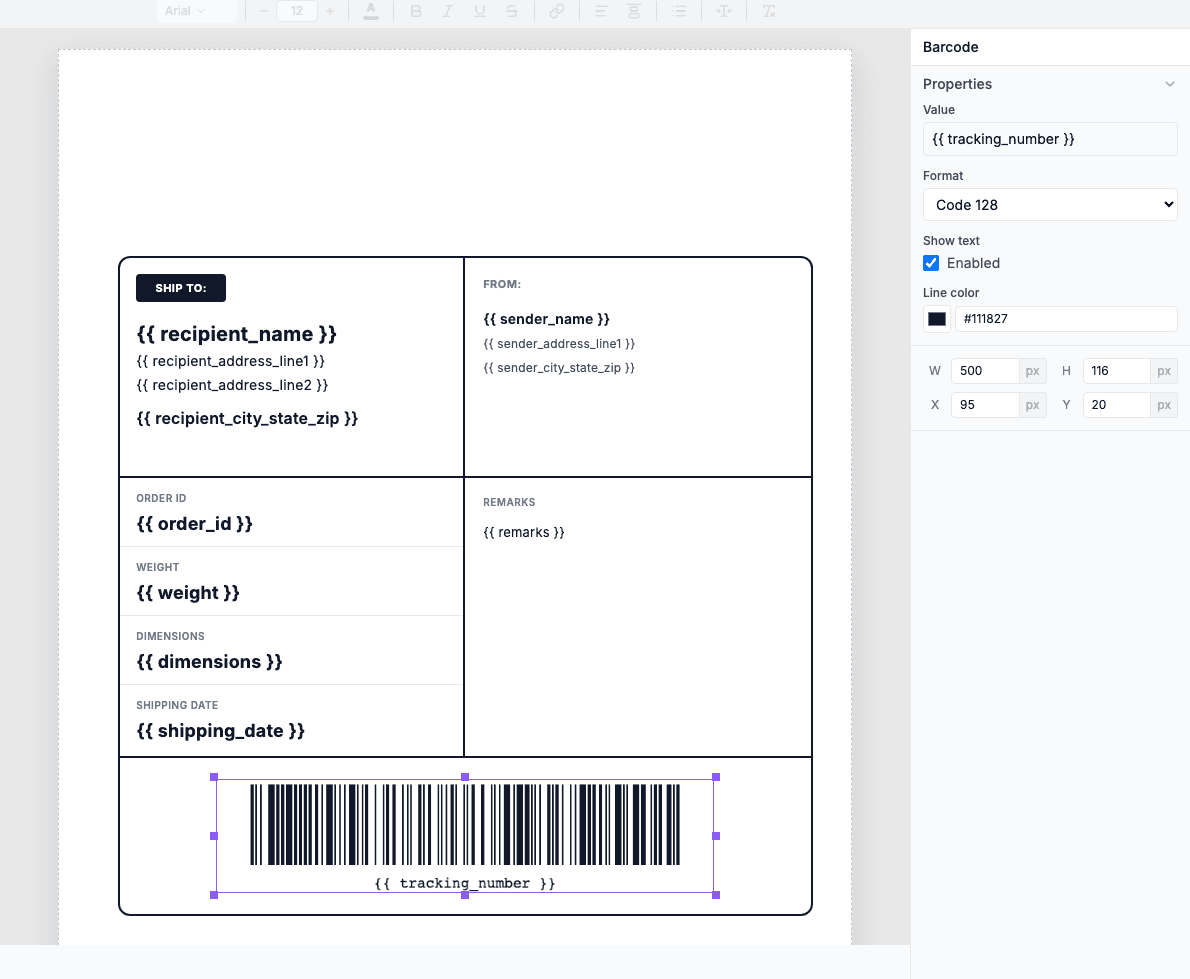 Barcode selected in the editor with properties panel showing configuration options