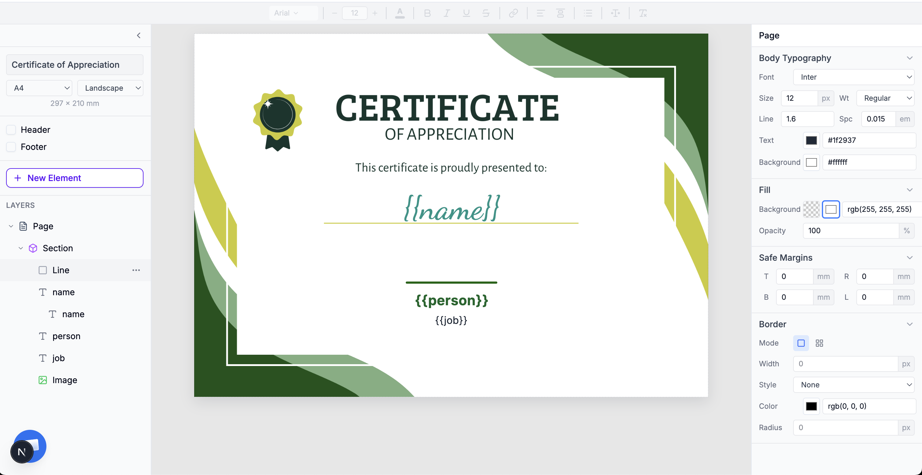 Certificate of Appreciation template in the TemplateFox visual editor showing dynamic fields for name, person, and job