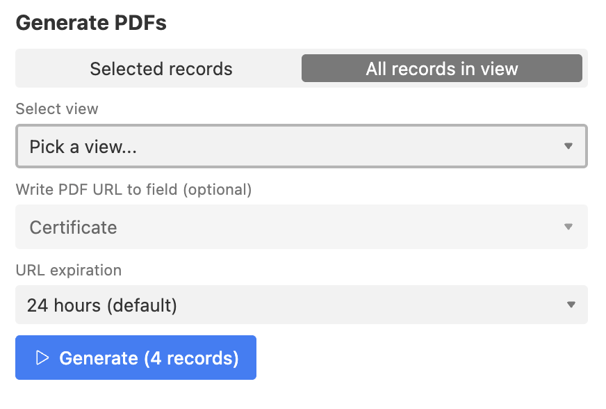 TemplateFox extension showing Generate PDFs panel with All records in view selected and Certificate as the output field