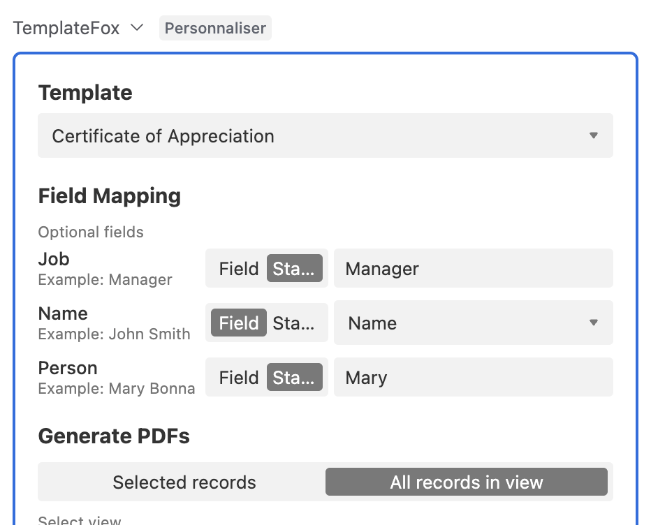 TemplateFox Airtable extension showing field mapping — Name mapped to Airtable column, Person and Job set as static values