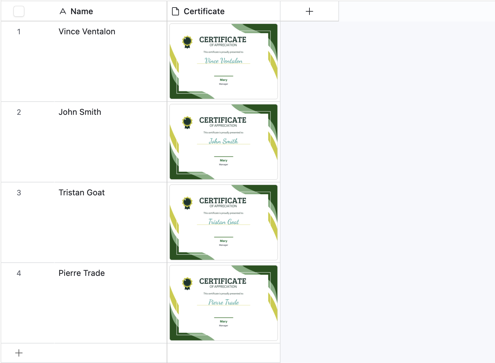 Airtable table showing four records with personalized certificate PDFs generated for each name