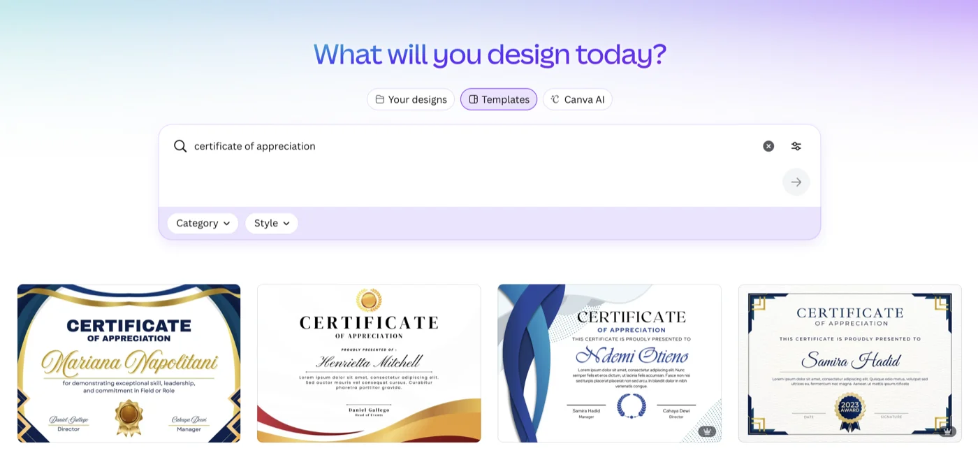 Searching for certificate templates in Canva