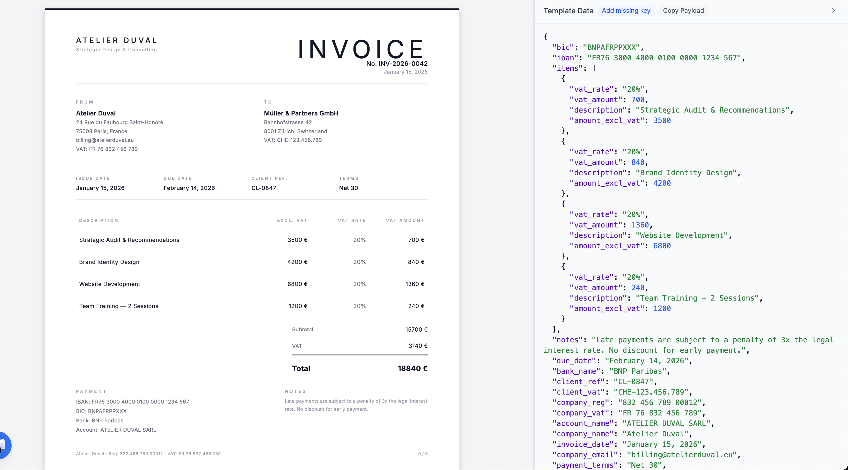 Invoice template preview with JSON data panel showing real-time rendering