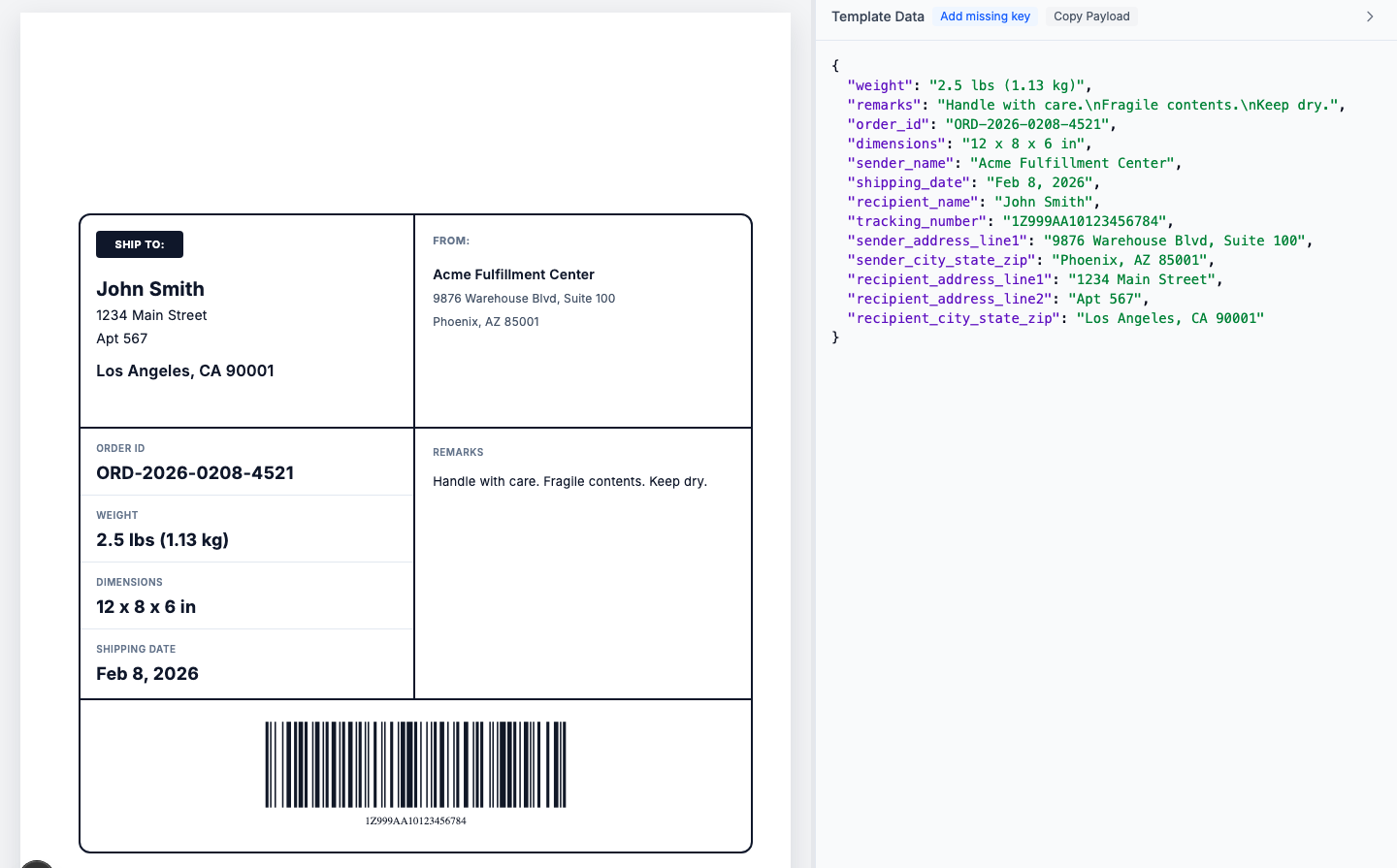 Shipping label template preview with JSON data panel showing real-time rendering