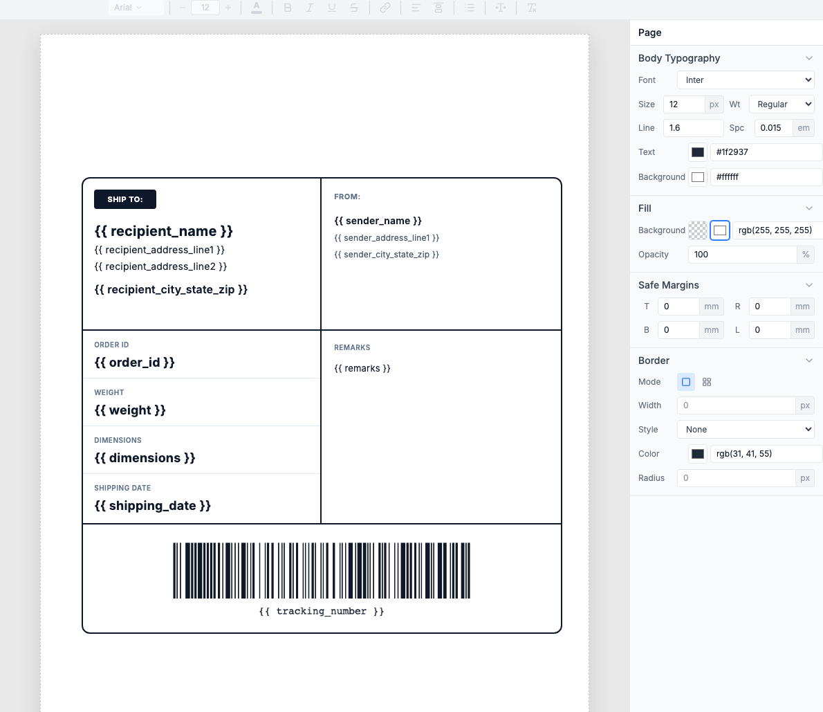 Shipping label template in the visual editor showing dynamic fields and barcode component