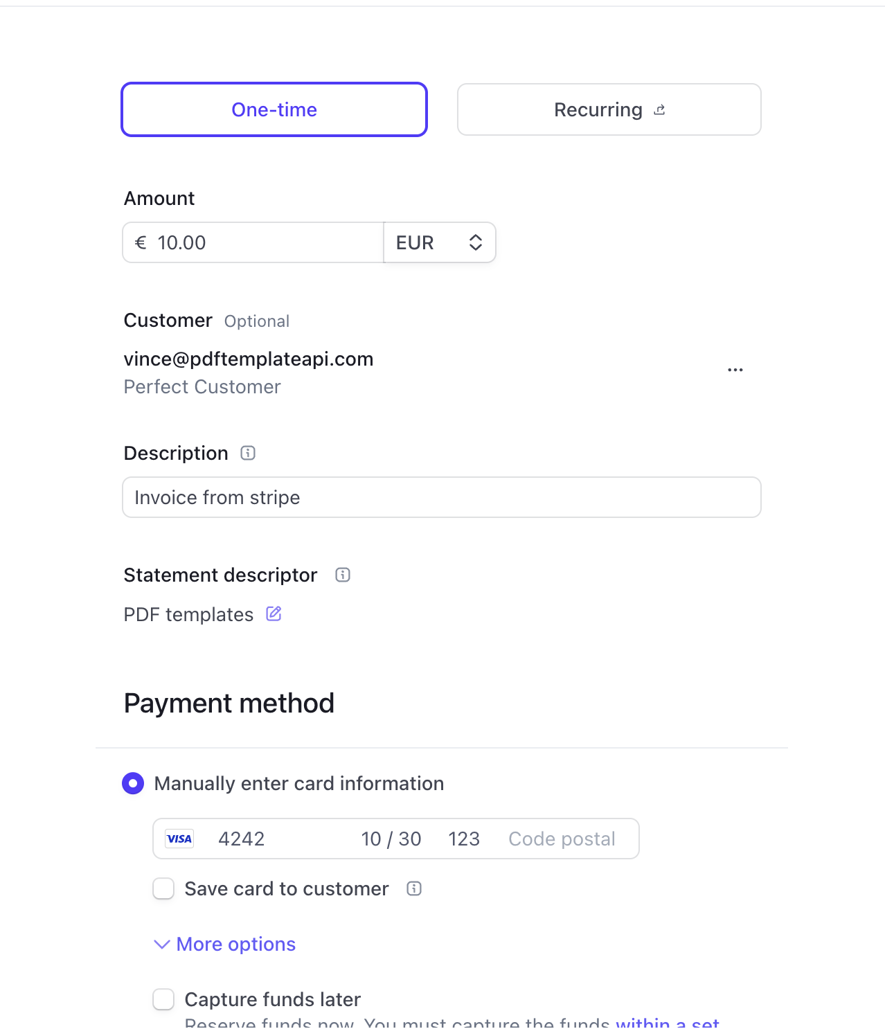 Creating a test payment in Stripe Dashboard with test card 4242