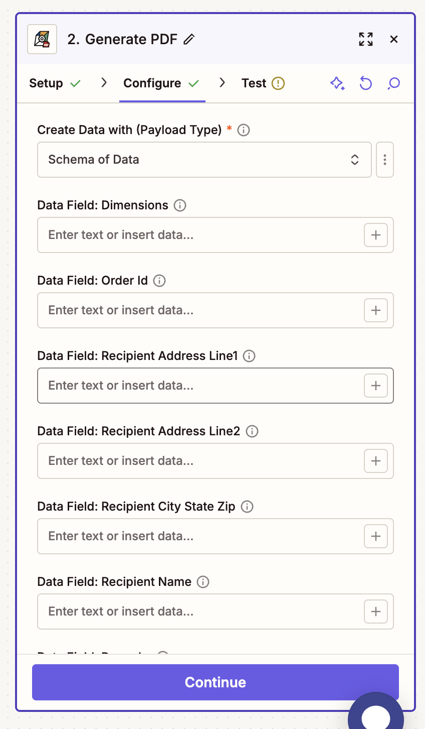 Zapier field mapping for TemplateFox Generate PDF action showing template data fields