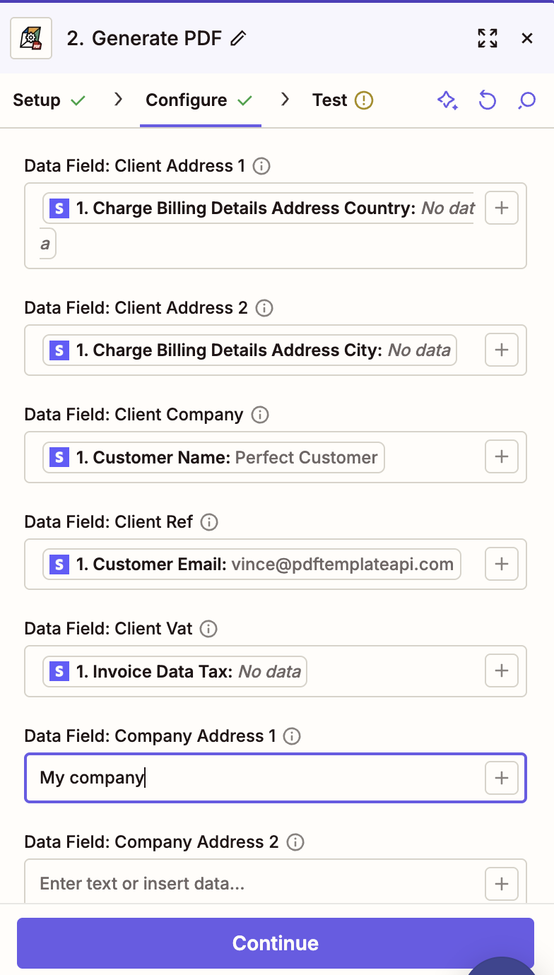 Zapier field mapping for TemplateFox Generate PDF action showing Stripe data