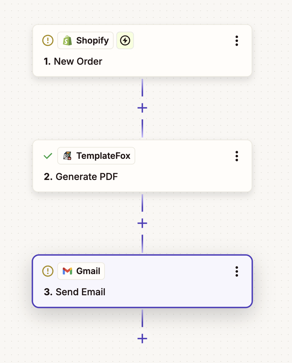 Complete Zapier workflow: Shopify New Order → TemplateFox Generate PDF → Gmail Send Email
